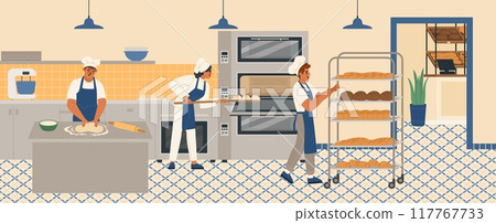 Man and woman bakers kneading dough and baking bread 117767733