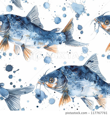 Pattern with watercolor fish on a white background. Pattern with watercolor fish on a white background. 117767781