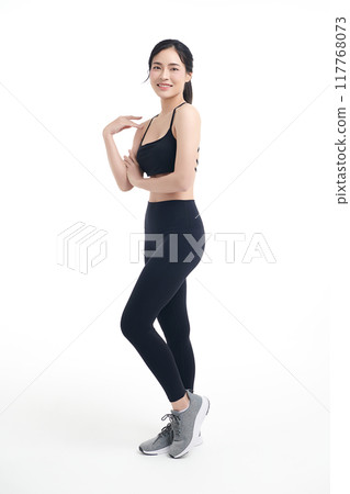 Beautiful young asian sport woman with sportswear ready for exercise on white background, Advertising sportswear and yoga wear, Healthy lifestyle, sport. 117768073