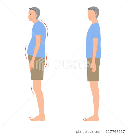 Illustration set of floating toes and normal soles of senior's feet (poor posture of male whole body) 117768237