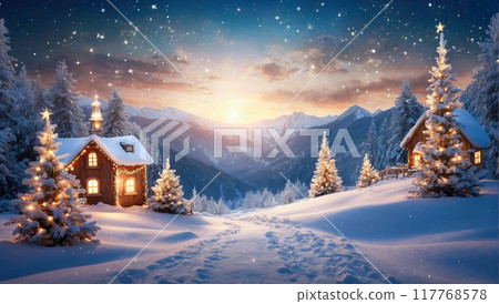 A peaceful winter scene featuring two cozy cabins, Christmas trees lit with warm lights, and a starry night sky. 117768578