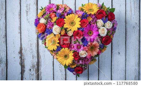 A heart-shaped bouquet of vibrant flowers including roses and gerberas, arranged on a rustic white wooden background. 117768580