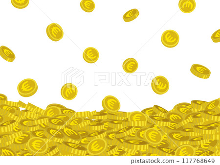 Vector illustration of euro coins falling from the sky and a pile of coins 117768649