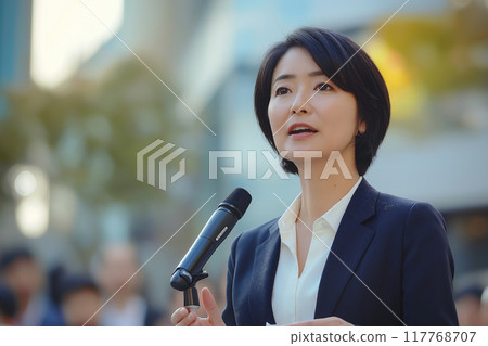 Female politician giving a street speech 117768707