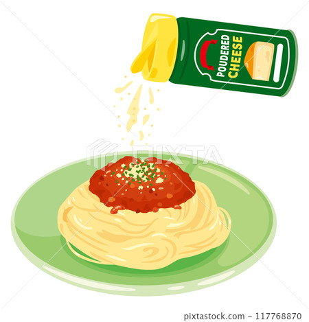 Pasta served on a plate sprinkled with grated cheese 117768870