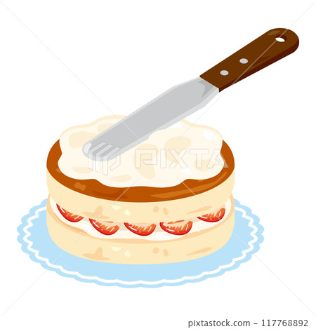 Sponge cake with cream applied using a palette knife 117768892