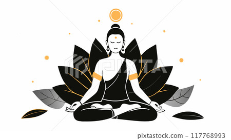 A serene vector illustration of a meditating Buddha, surrounded by large lotus petals and a calming background. Ideal for themes of spirituality, mindfulness, and inner peace. 117768993