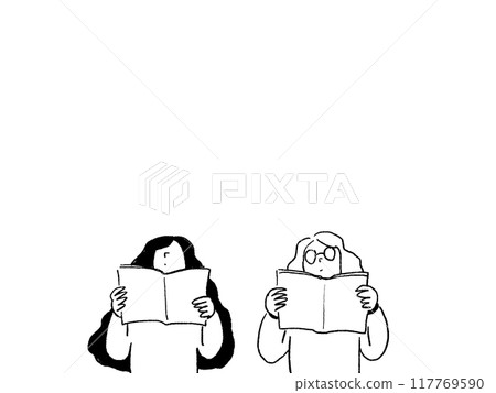 Two women reading books, line drawing Two women reading books, line drawing 117769590