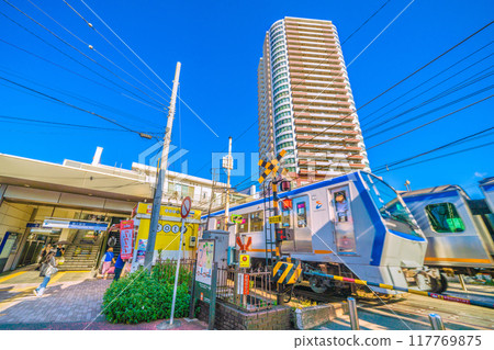 Yokohama cityscape in Japan in August. SOTETSU - View of Tsurugamine Station, trains, high-rise apartment buildings, etc. - August 25, 2024 117769875