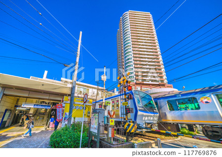 Yokohama cityscape in Japan in August. SOTETSU - View of Tsurugamine Station, trains, high-rise apartment buildings, etc. - August 25, 2024 117769876