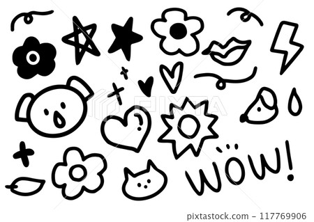 Set of doodle hand drawn. Elements of star, cat, cloud, sun, eye, word, sun etc 117769906