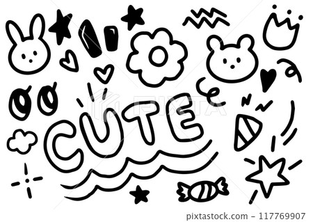 Set of doodle hand drawn. Elements of star, cat, cloud, sun, eye, word, sun etc 117769907