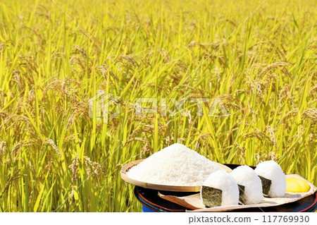 Autumn rice field and bowl of rice balls Autumn rice field and bowl of rice balls 117769930