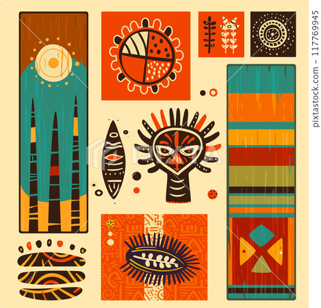 Eye-catching square card, banner, background, flyer, placard with ethnic ornaments. Gift tag, label or poster template with african tribal motifs. Vector illustration EPS8 117769945