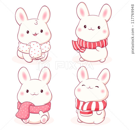 Set of little bunny in kawaii style. Winter holiday set with tiny baby rabbits in scarves. Cute rabbit expression sheet collection. Can be used for t-shirt print, sticker, greeting card. Vector EPS8 Set of little bunny in kawaii style. Winter holiday set with tiny baby rabbits in scarves. Cute rabbit expression sheet collection. Can be used for t-shirt print, sticker, greeting card. Vector EPS8 117769948