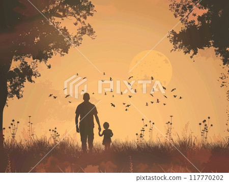 Father's day celebration background with silhouette of father and child in nature at sunset 117770202