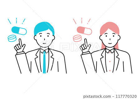 穿著白大褂的男人和女人指著醫學圖標 穿著白大褂的男人和女人指著醫學圖標 117770320