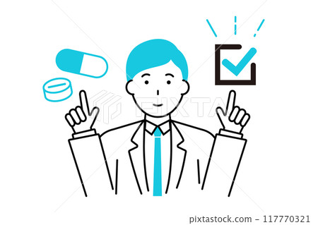 A male doctor pointing at a medicine icon and a check mark 117770321