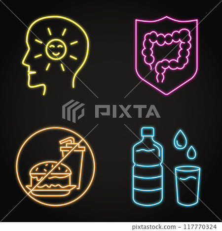 Healthy eating neon icon set 117770324