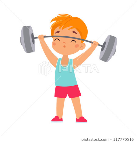 Boy Character Lift Barbell Do Sport Vector Illustration Boy Character Lift Barbell Do Sport Vector Illustration 117770516