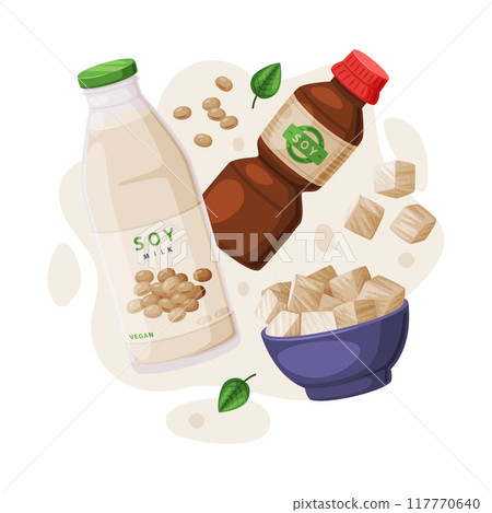 Natural Soy Products from Soybean Plant with Tofu, Sauce and Milk in Bottle Vector Composition Natural Soy Products from Soybean Plant with Tofu, Sauce and Milk in Bottle Vector Composition 117770640