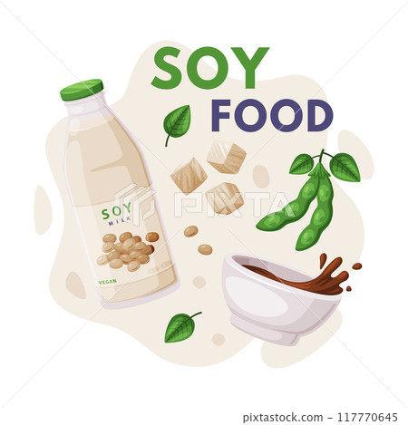 Natural Soy Products from Soybean Plant with Milk in Bottle and Sauce Vector Composition 117770645