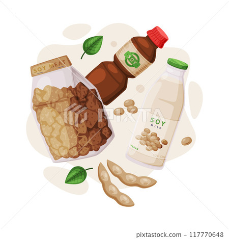 Natural Soy Products from Soybean Plant with Meat, Sauce and Milk in Bottle Vector Composition Natural Soy Products from Soybean Plant with Meat, Sauce and Milk in Bottle Vector Composition 117770648