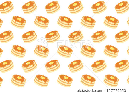 Seamless pattern of pancakes with butter and maple syrup 117770650