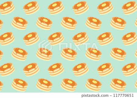 Seamless pattern of pancakes with butter and maple syrup 117770651