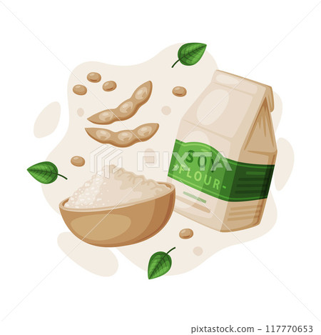 Natural Soy Products from Soybean Plant with Flour in Bowl Vector Composition 117770653
