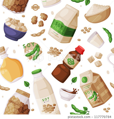 Soy Products from Soybean Plant with Soy Meat, Oil in Jar and Milk Vector Seamless Pattern 117770784