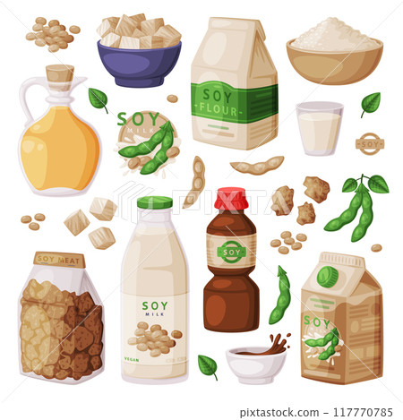 Soy Products from Soybean Plant with Soy Meat, Oil in Jar and Milk Vector Set Soy Products from Soybean Plant with Soy Meat, Oil in Jar and Milk Vector Set 117770785