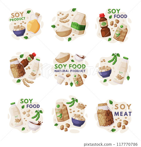 Composition with Soy Products from Soybean Plant with Soy Meat, Oil and Milk Vector Set 117770786