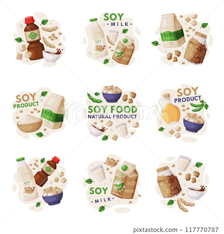 Composition with Soy Products from Soybean Plant with Soy Meat, Oil and Milk Vector Set 117770787