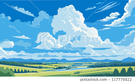 Landscape with green meadows and blue sky with clouds. Vector illustration. Landscape with green meadows and blue sky with clouds. Vector illustration. 117770822