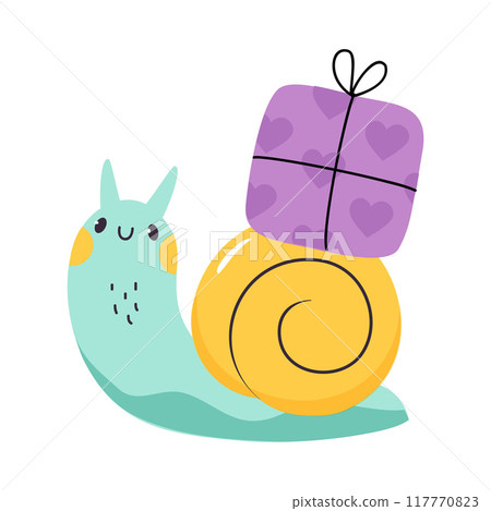 Cute Snail Character with Shell Carrying Gift Box on Its Back Vector Illustration Cute Snail Character with Shell Carrying Gift Box on Its Back Vector Illustration 117770823