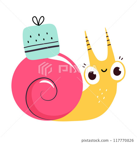 Cute Snail Character with Shell Carrying Gift Box on Its Back Vector Illustration Cute Snail Character with Shell Carrying Gift Box on Its Back Vector Illustration 117770826