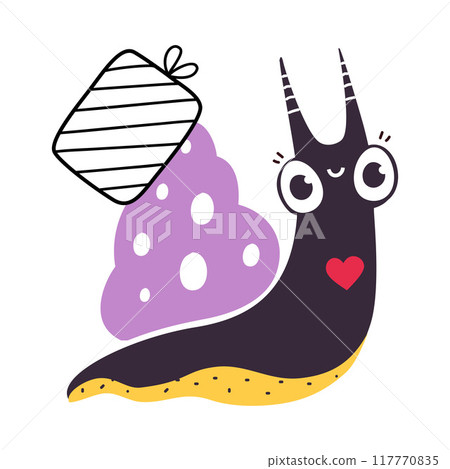 Cute Snail Character with Shell Carrying Gift Box on Its Back Vector Illustration Cute Snail Character with Shell Carrying Gift Box on Its Back Vector Illustration 117770835