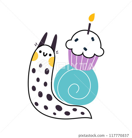 Cute Snail Character with Shell Carrying Cupcake with Candle on Its Back Vector Illustration Cute Snail Character with Shell Carrying Cupcake with Candle on Its Back Vector Illustration 117770837