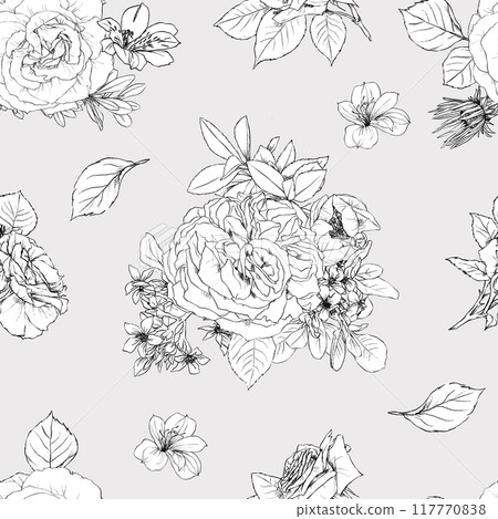 Hand drawn pencil graphic illustration seamless pattern of vintage flowers 117770838