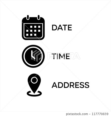 Address. time, and date icon vector. Event elements isolated on transparent background. Black & white vector 117770839