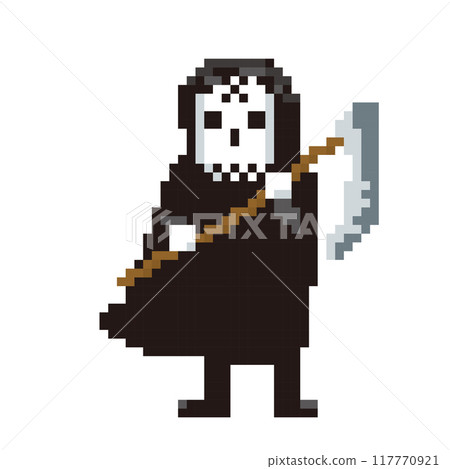 8-bit pixel art for Halloween, deformed grim reaper, monster icons, illustrations. 117770921