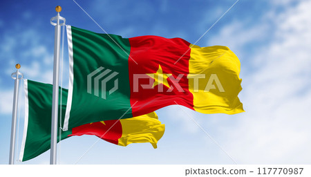 Cameroonian flag fluttering against a clear blue sky Cameroonian flag fluttering against a clear blue sky 117770987