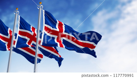 Close-up of three Iceland national flags waving 117770991