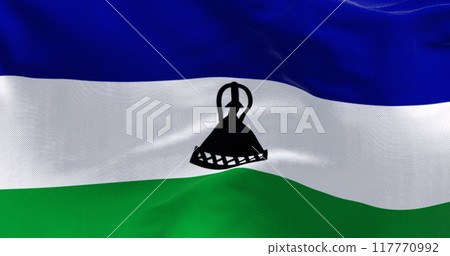 Close-up of National flag of Lesotho waving in the wind Close-up of National flag of Lesotho waving in the wind 117770992