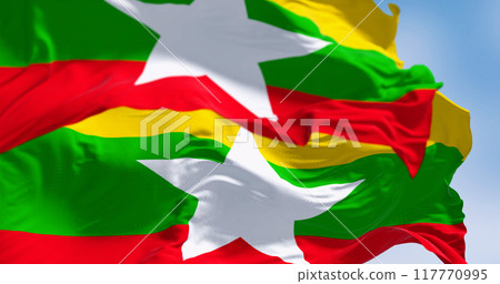 Close-up of two Myanmar national flags fluttering in the wind Close-up of two Myanmar national flags fluttering in the wind 117770995