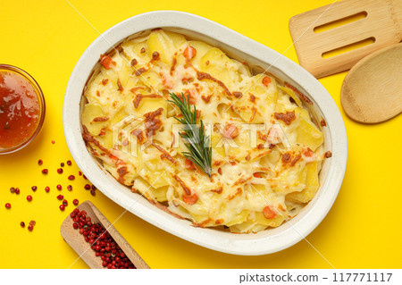 Concept of tasty and delicious homemade food - potato casserole 117771117