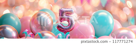 Pink, girlish number five with balloons. Playful symbol 5. Invitation for fifth birthday celebration. Children, kids party. Greeting card design for girl. Women business five years. Generative AI. 117771274