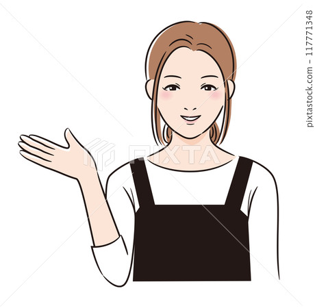 Line drawing of a woman wearing an apron giving a tour Line drawing of a woman wearing an apron giving a tour 117771348