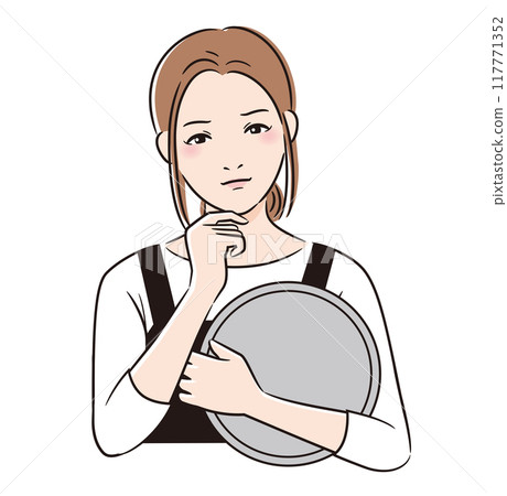 線條描圖：身穿圍裙、拿著托盤的女子憂心忡忡 117771352